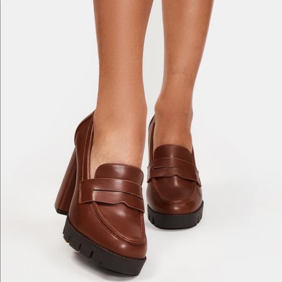 Lug Sole Tan High Heel Platform Penny Loafer - Picture 4 of 14